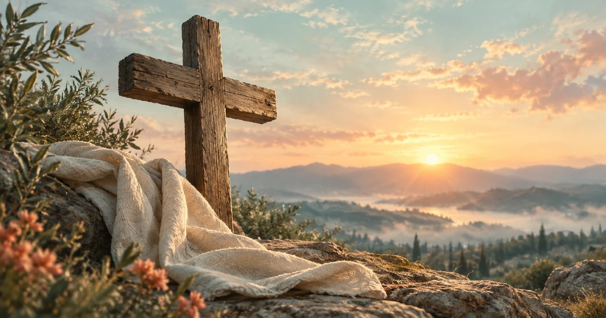 Illustration of a wooden cross and folded linen in warm dawn light.