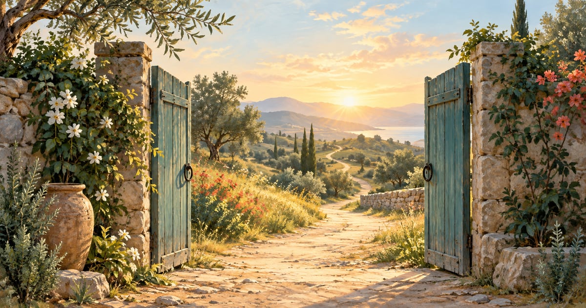 Illustration of open garden gates leading to a sunlit path.