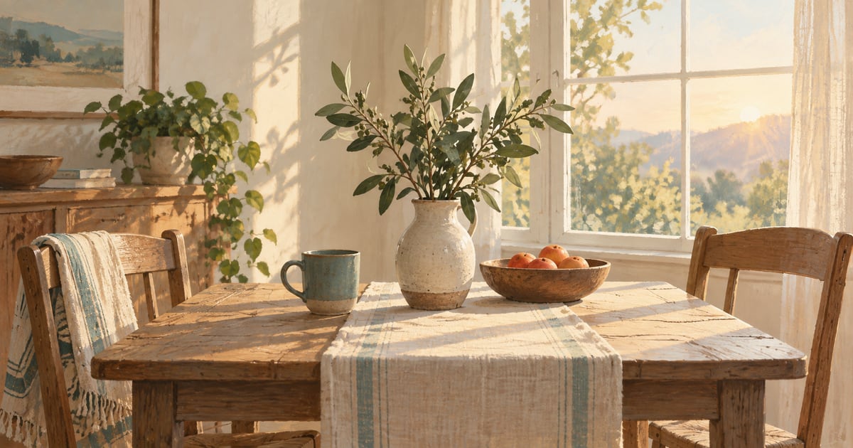 Illustration of a quiet home table with two chairs and a leafy branch in a vase.
