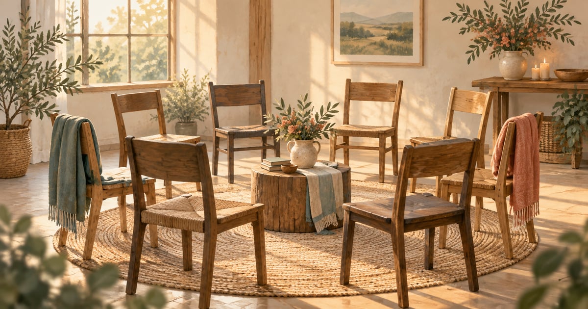 Illustration of empty chairs arranged in a welcoming circle in a softly lit room.