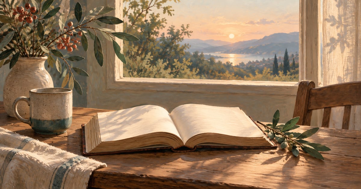 Illustration of an open unlettered book, a cup, and a leafy branch beside a window.