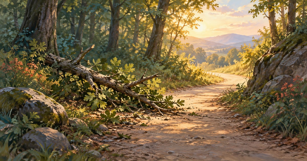 Illustration of a woodland path curving past a fallen branch towards soft light.