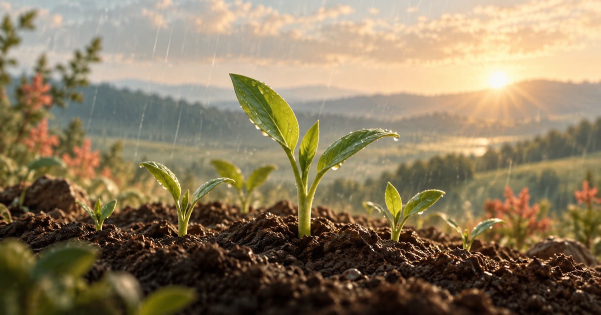 Illustration of young green seedlings growing in rain-darkened soil and gentle light.