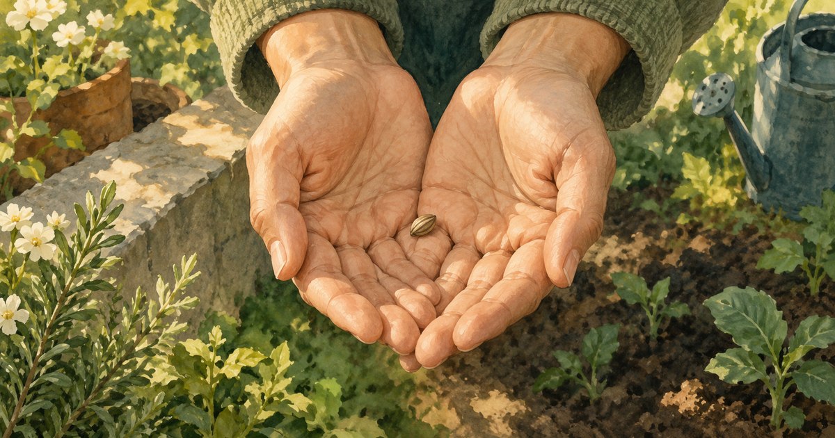 Illustration of open hands holding a small seed in a sunlit garden.