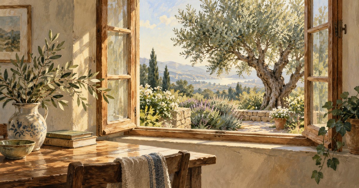 Illustration of an open wooden window overlooking an olive tree and sunlit garden.