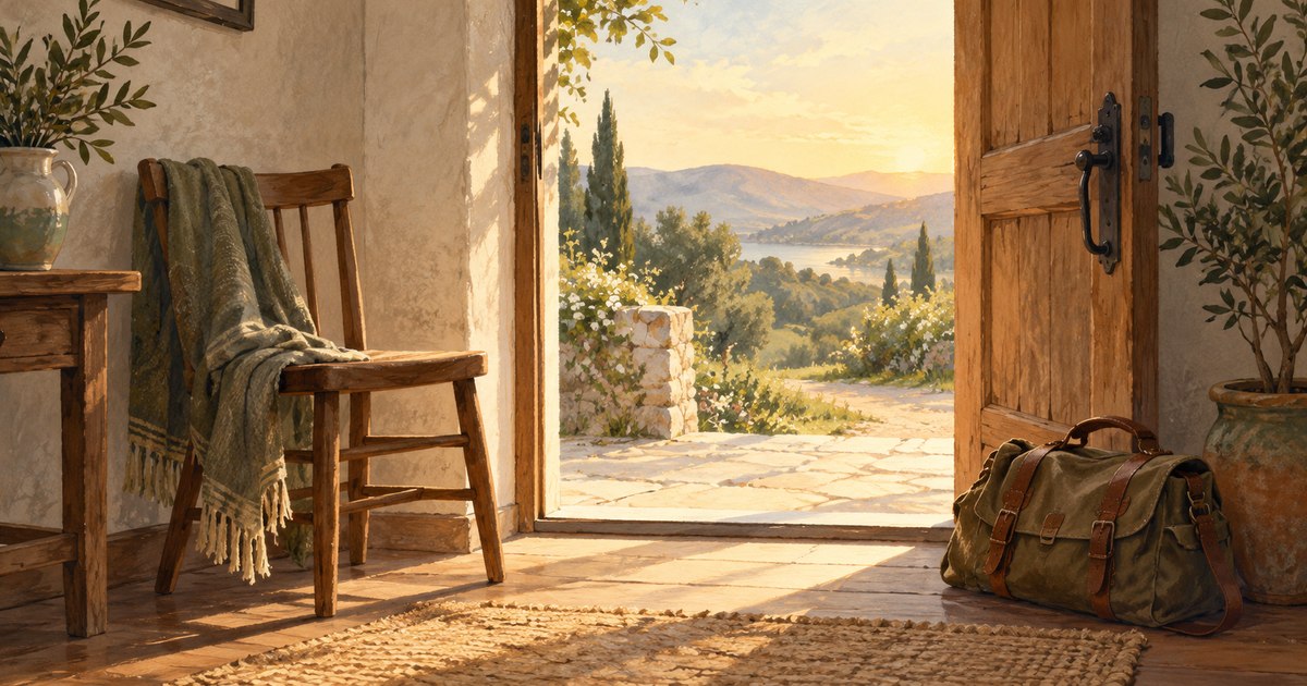 Illustration of a travel satchel beside an open doorway and an empty wooden chair.