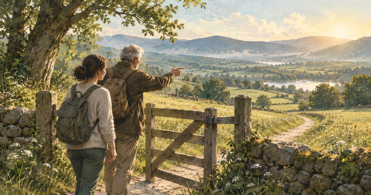 Illustration of two walkers beside a wooden gate, looking along a path through sunlit fields.
