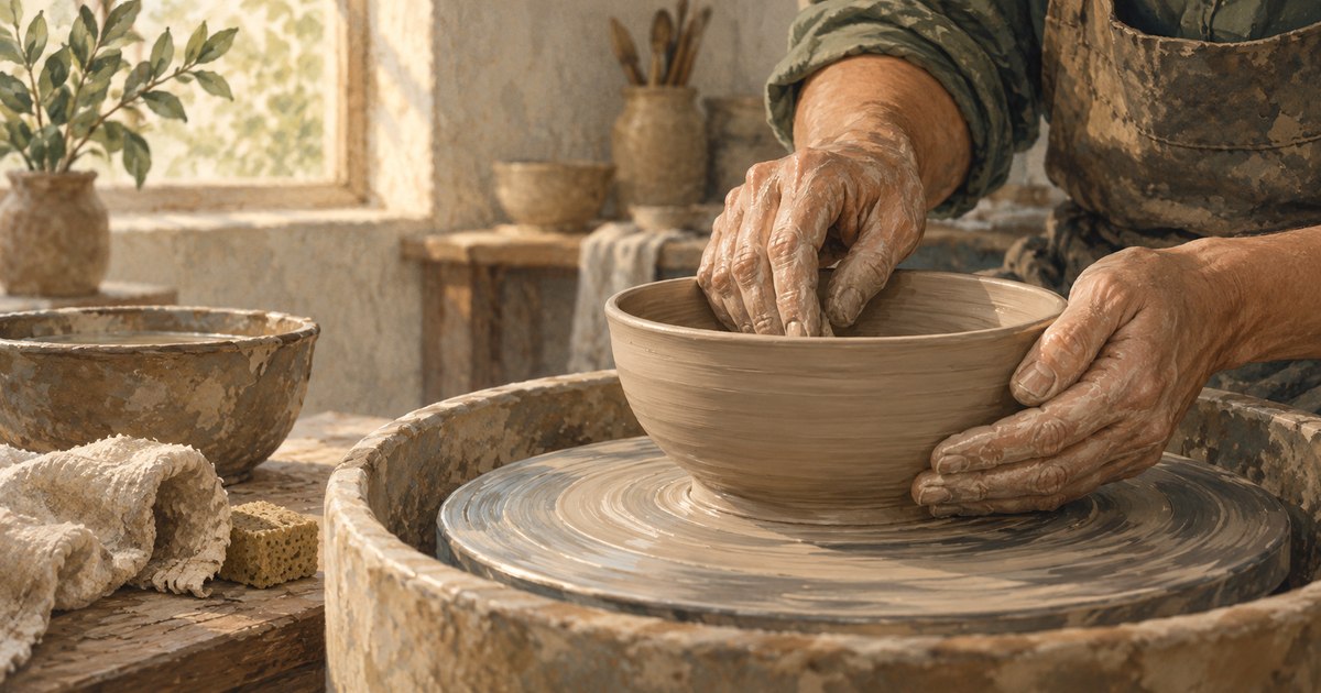 Illustration of a potter carefully shaping a clay bowl with both hands.