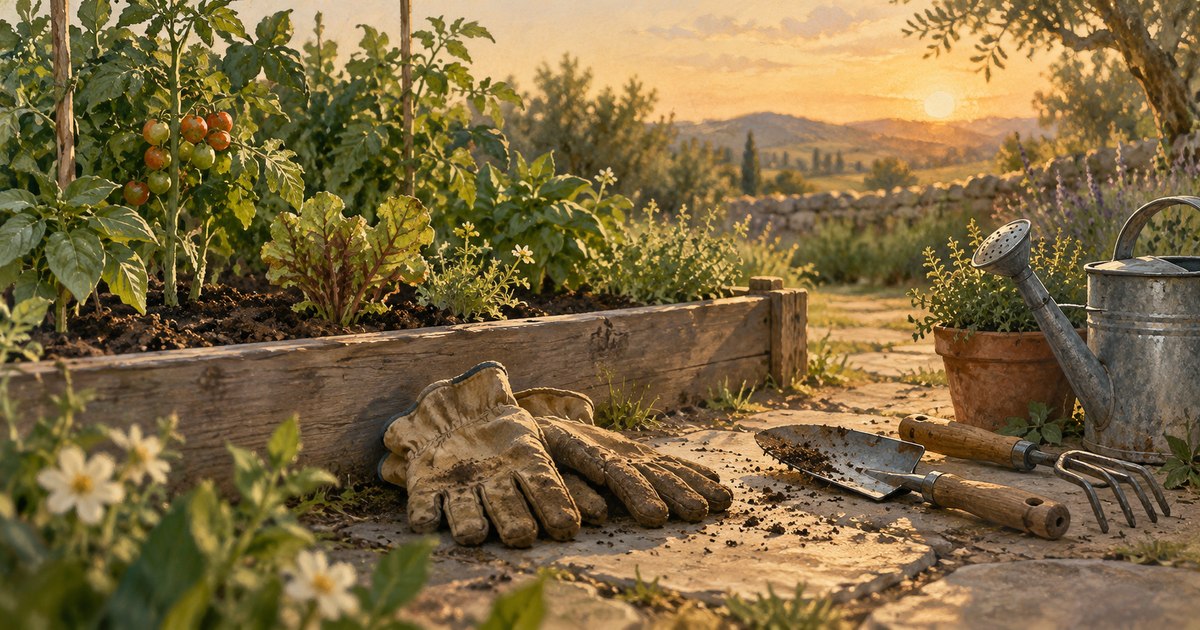 Illustration of work gloves and garden tools set down beside a planted bed at sunset.