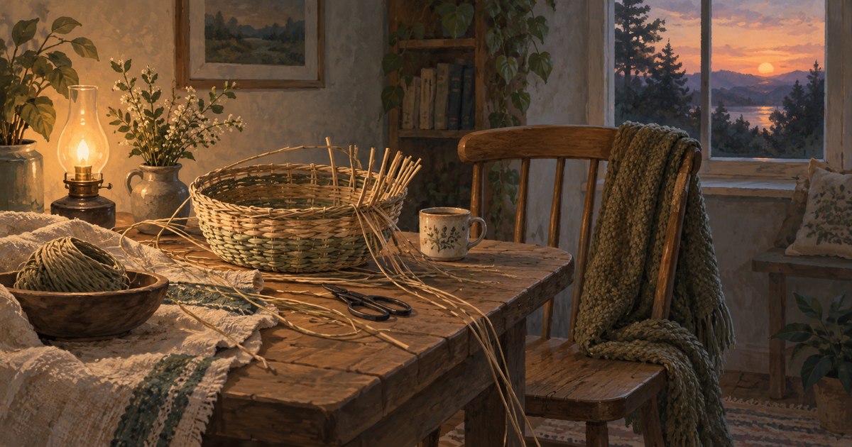 Illustration of an unfinished woven basket on a table beside an empty chair and a lamp at dusk.