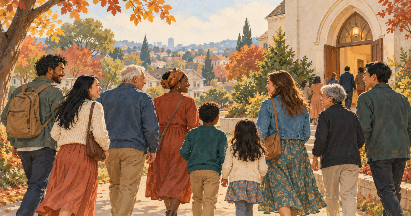 Illustration of people of different ages walking together toward a church on an autumn day.