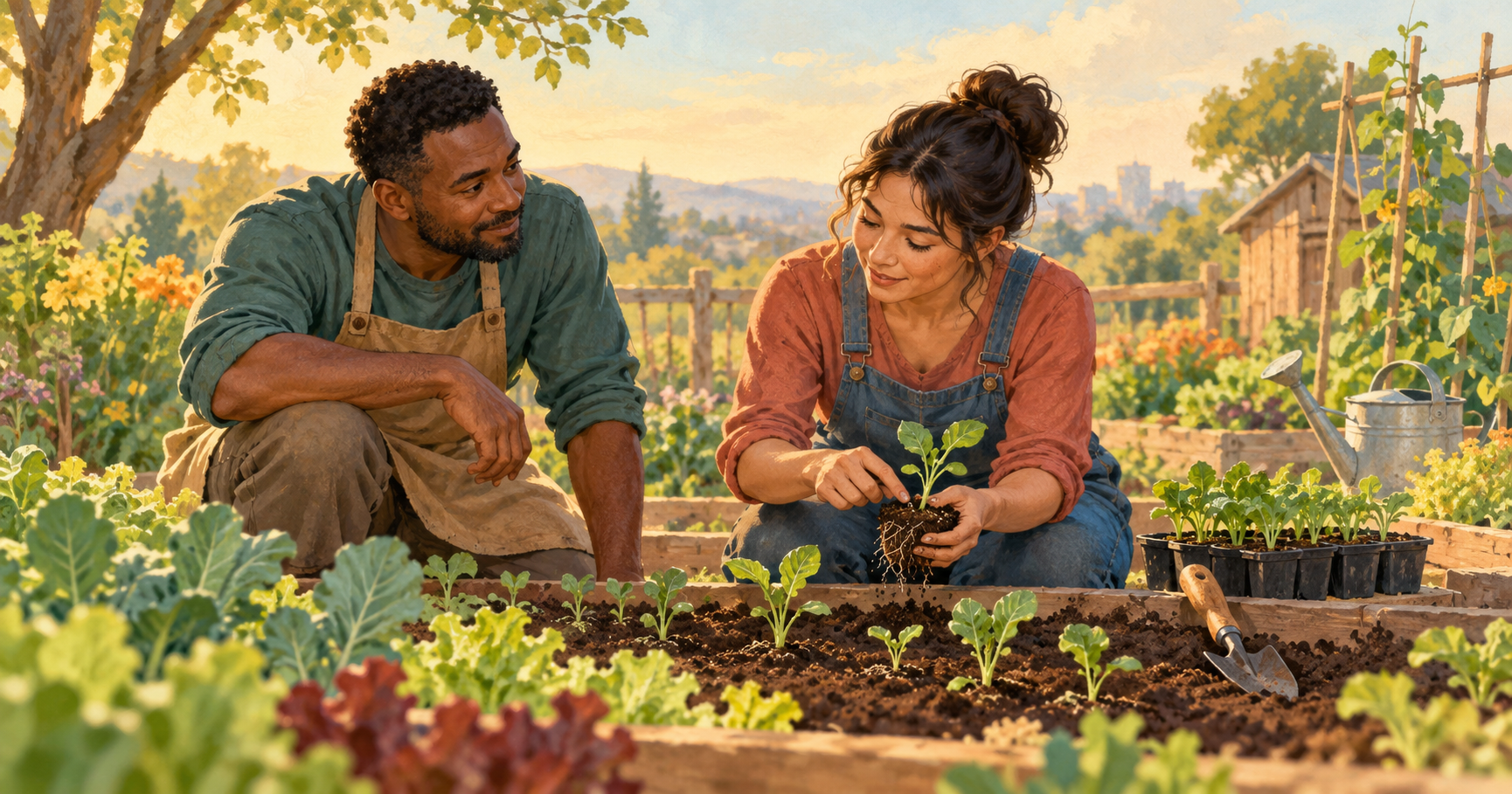 Illustration of two volunteers patiently tending a young plant in a community garden.