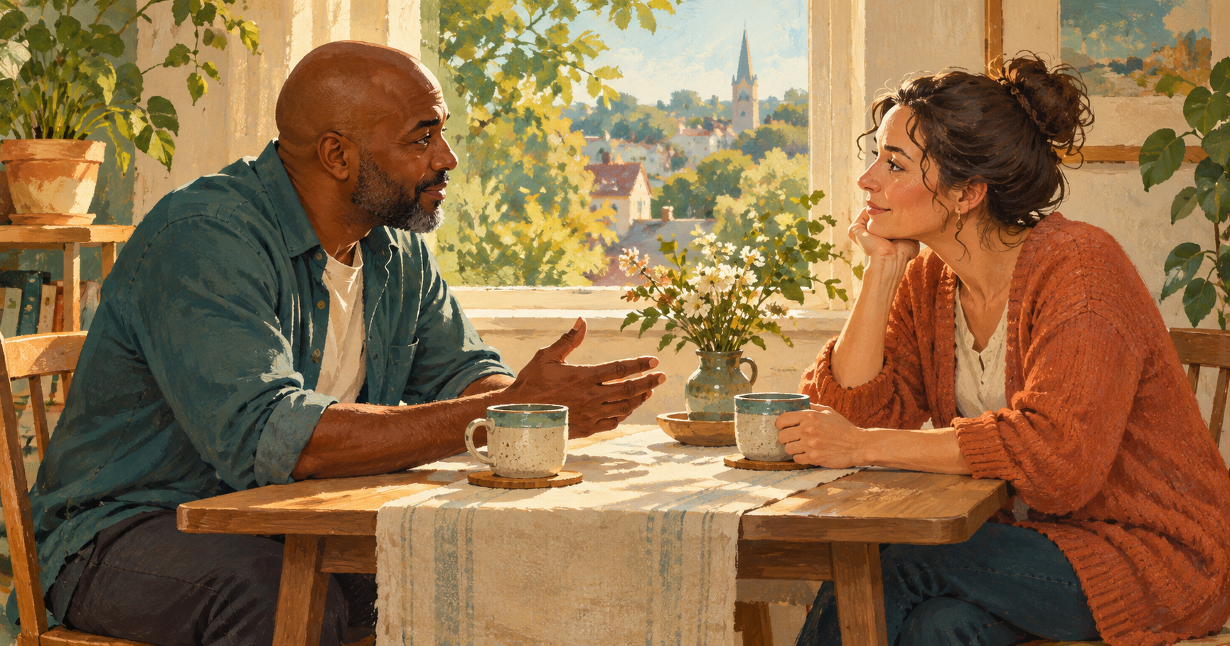 Illustration of two neighbours listening thoughtfully to each other across a table with cups of tea.