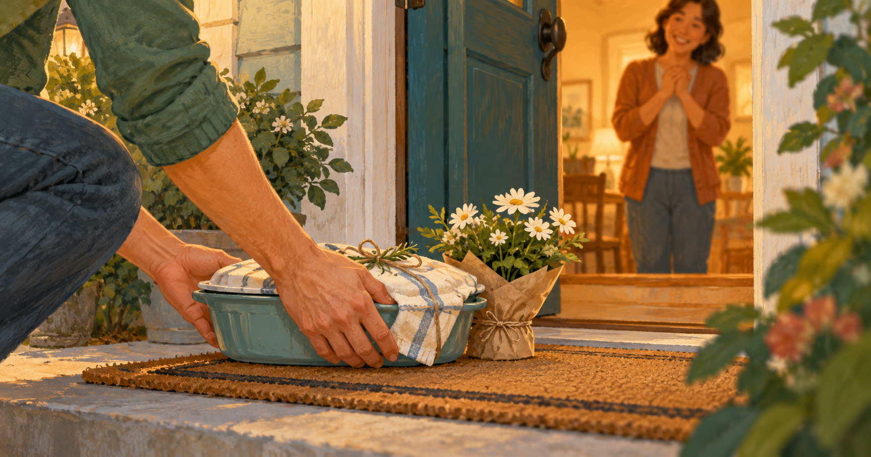 Illustration of a covered meal and flowers being placed at a welcoming neighbour’s doorway.