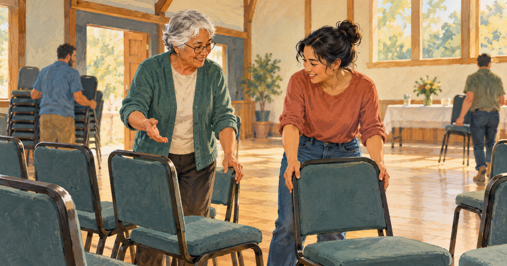 Illustration of an experienced volunteer helping a younger adult arrange chairs in a community hall.