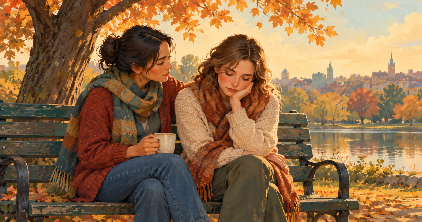 Illustration of one friend quietly supporting another on a park bench beneath an autumn tree.