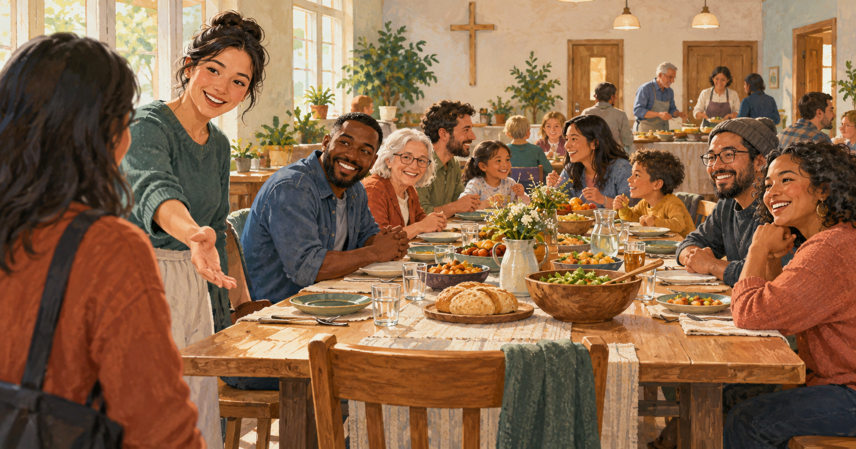 Illustration of a church community sharing a meal and welcoming a newcomer to an open place at the table.