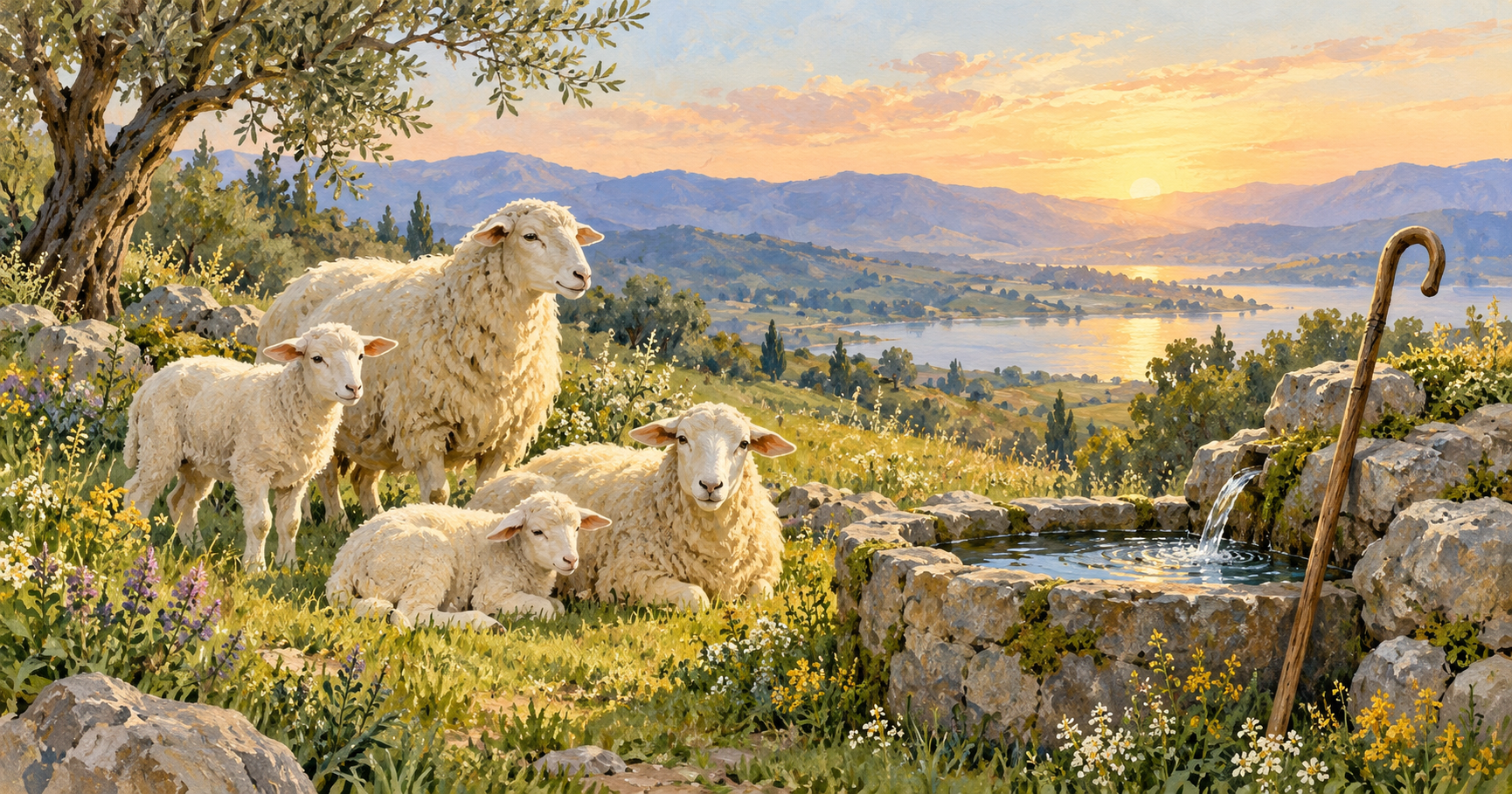 Sheep gathered near a wooden shepherd’s crook on a green hillside at dawn.