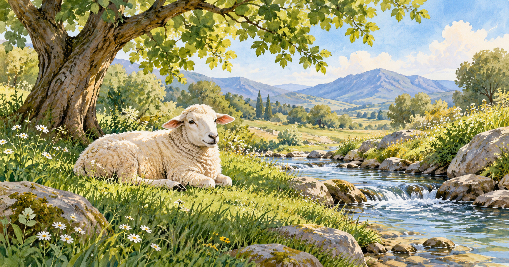 A sheep resting in green grass beside a quiet stream beneath a shady tree.