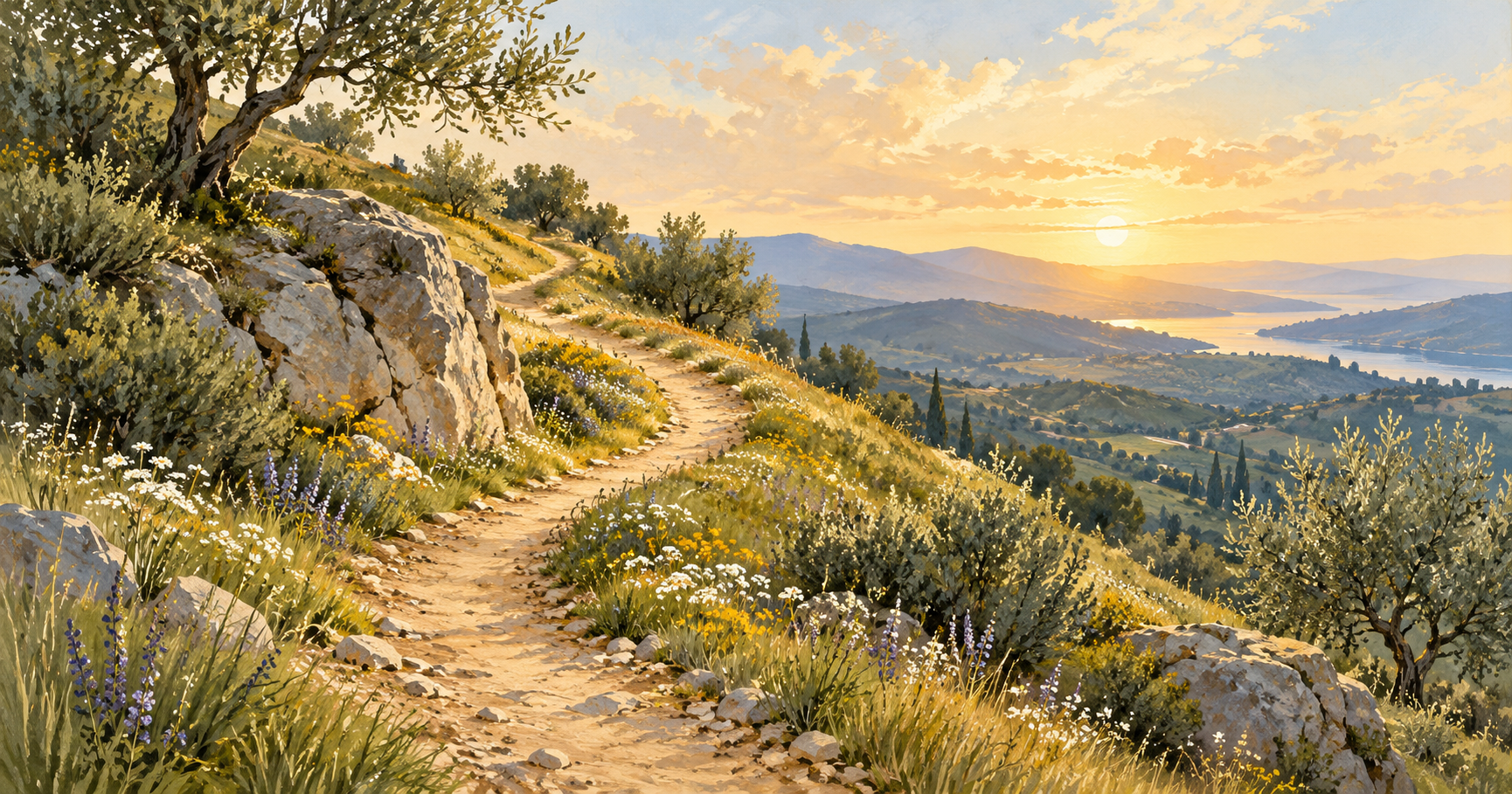 A narrow path curves across a green hillside past rocks and small wildflowers.