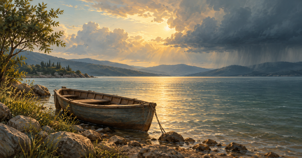 Illustration of a small wooden boat beside a lake beneath clouds and warm light.