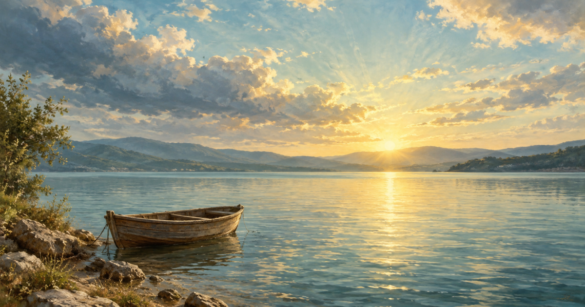 Illustration of a quiet lake, distant hills, and a wooden boat near the shore.
