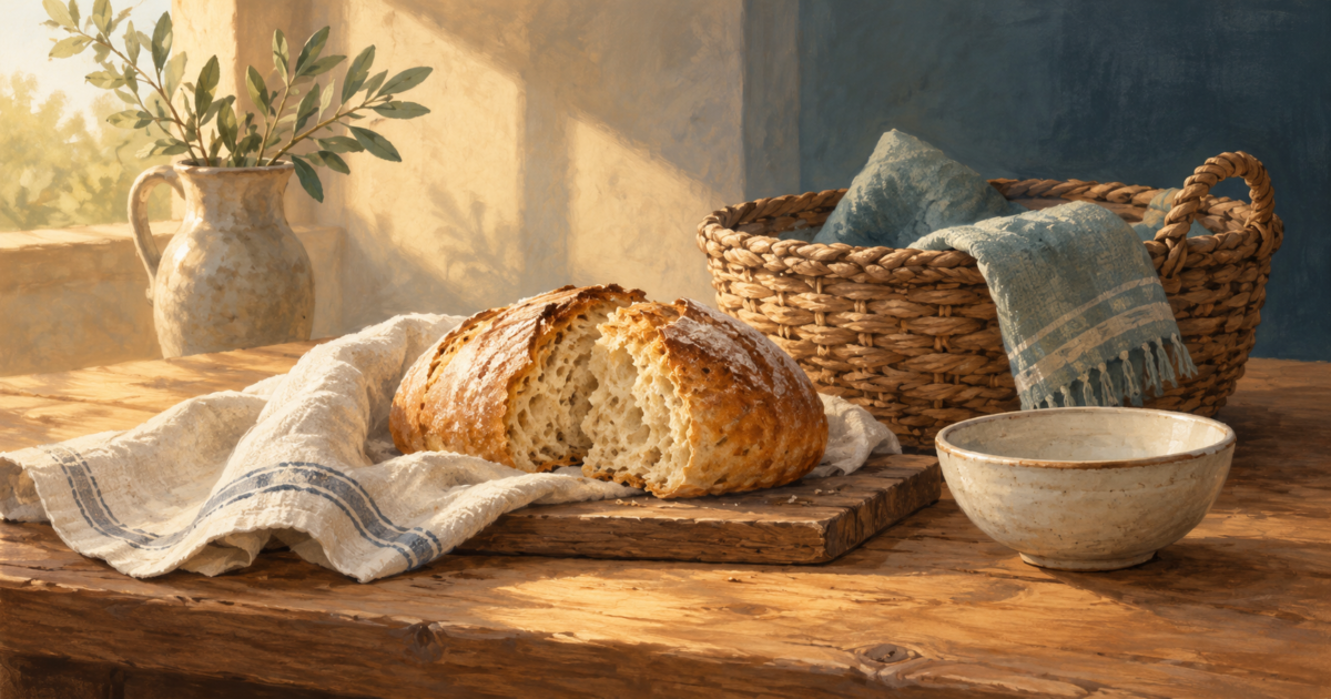 Illustration of bread, a linen-lined basket, and a bowl on a rustic table.