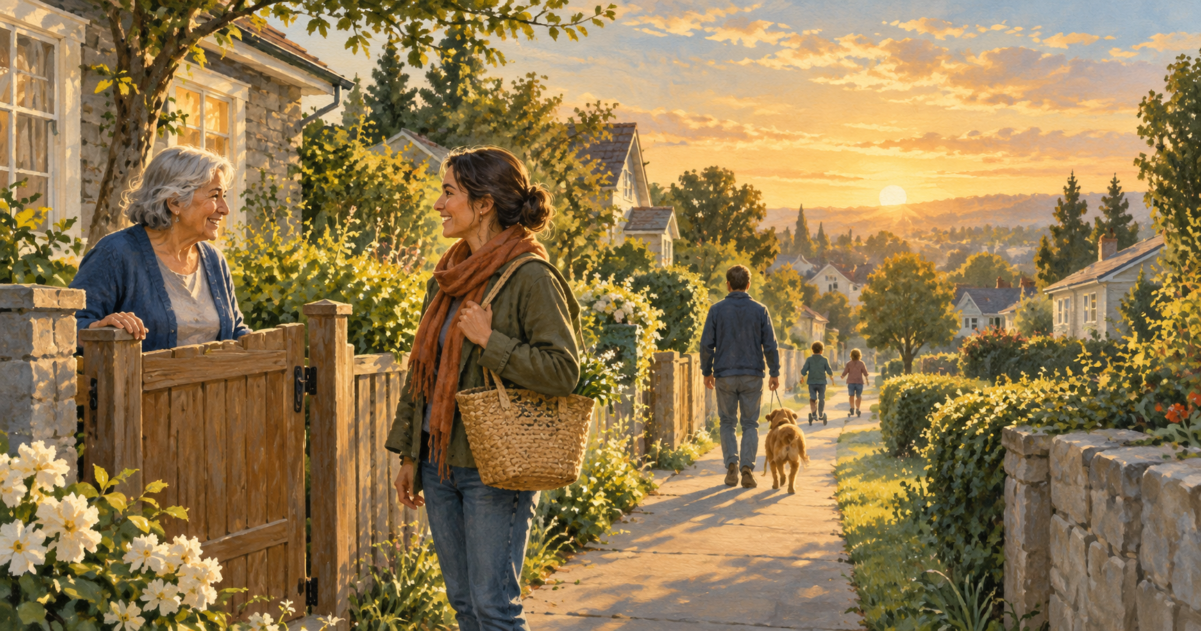 Illustration of neighbours talking beside a garden gate along a tree-lined neighbourhood path.