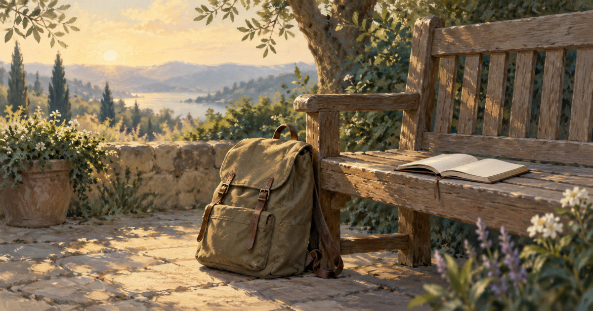 Illustration of a canvas backpack beside a garden bench and an open book.