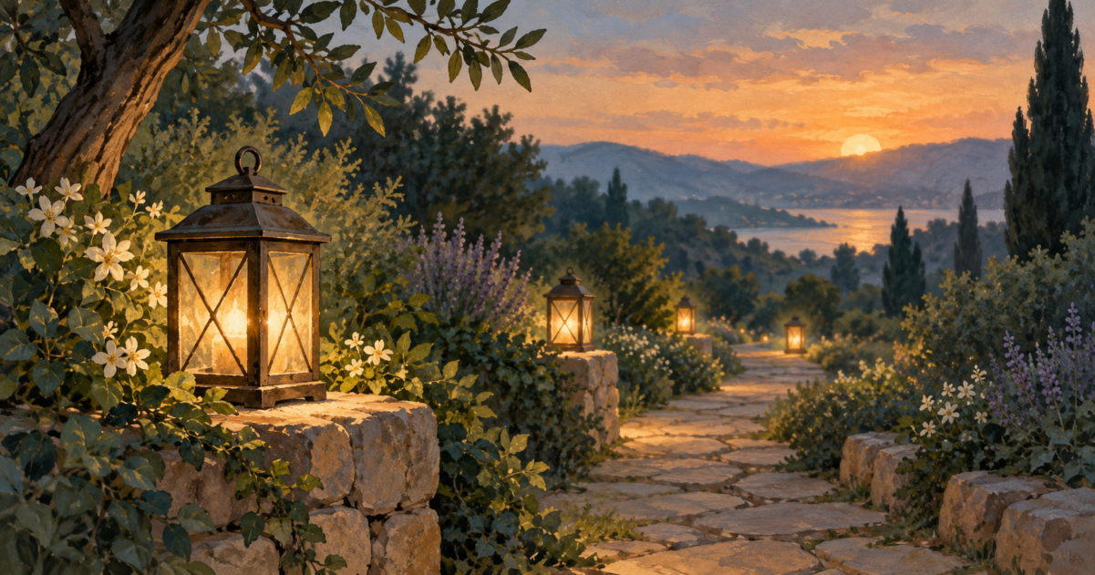 Illustration of several lanterns lighting a quiet garden path at dusk.